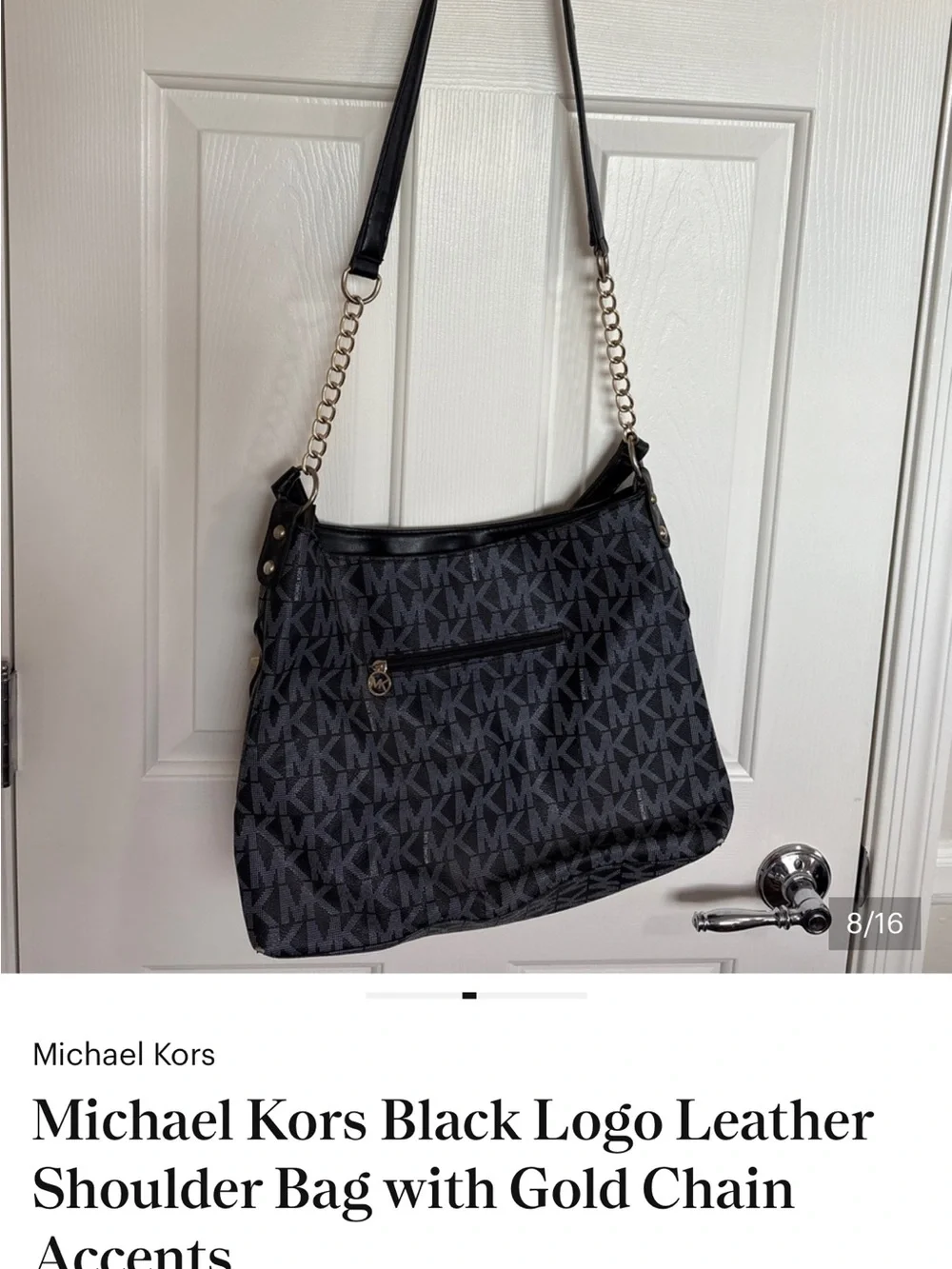 Michael Kors MK Monogram Black Gray Hobo Shoulder Bag Chain Strap